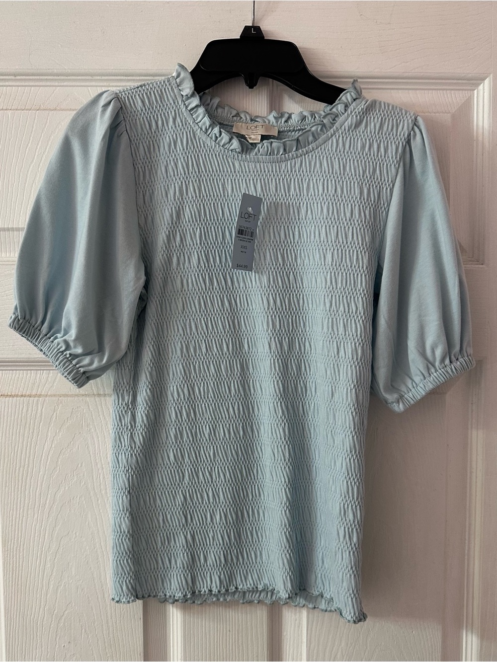 LOFT Petite XXS Blue Smocked Puff Sleeve Top Ruffle Neck NWT $44.99